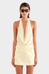Deep Cowl Sheer Silk Halter - Pastel Yellow