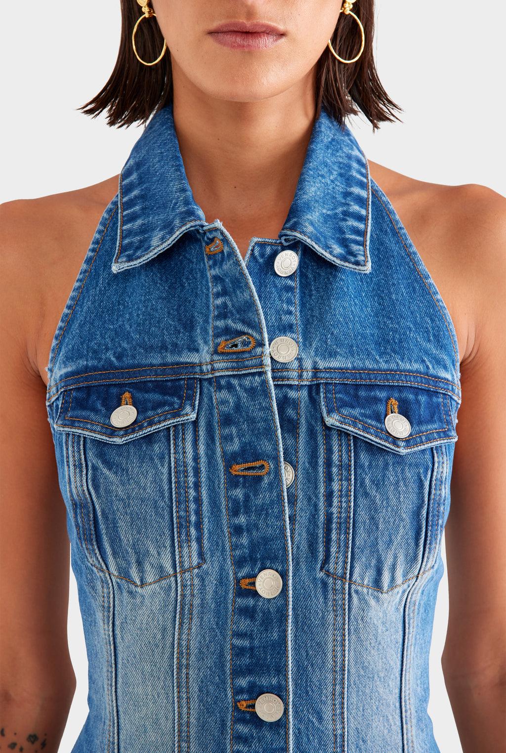 Denim Halter Dress in Mid Indigo
