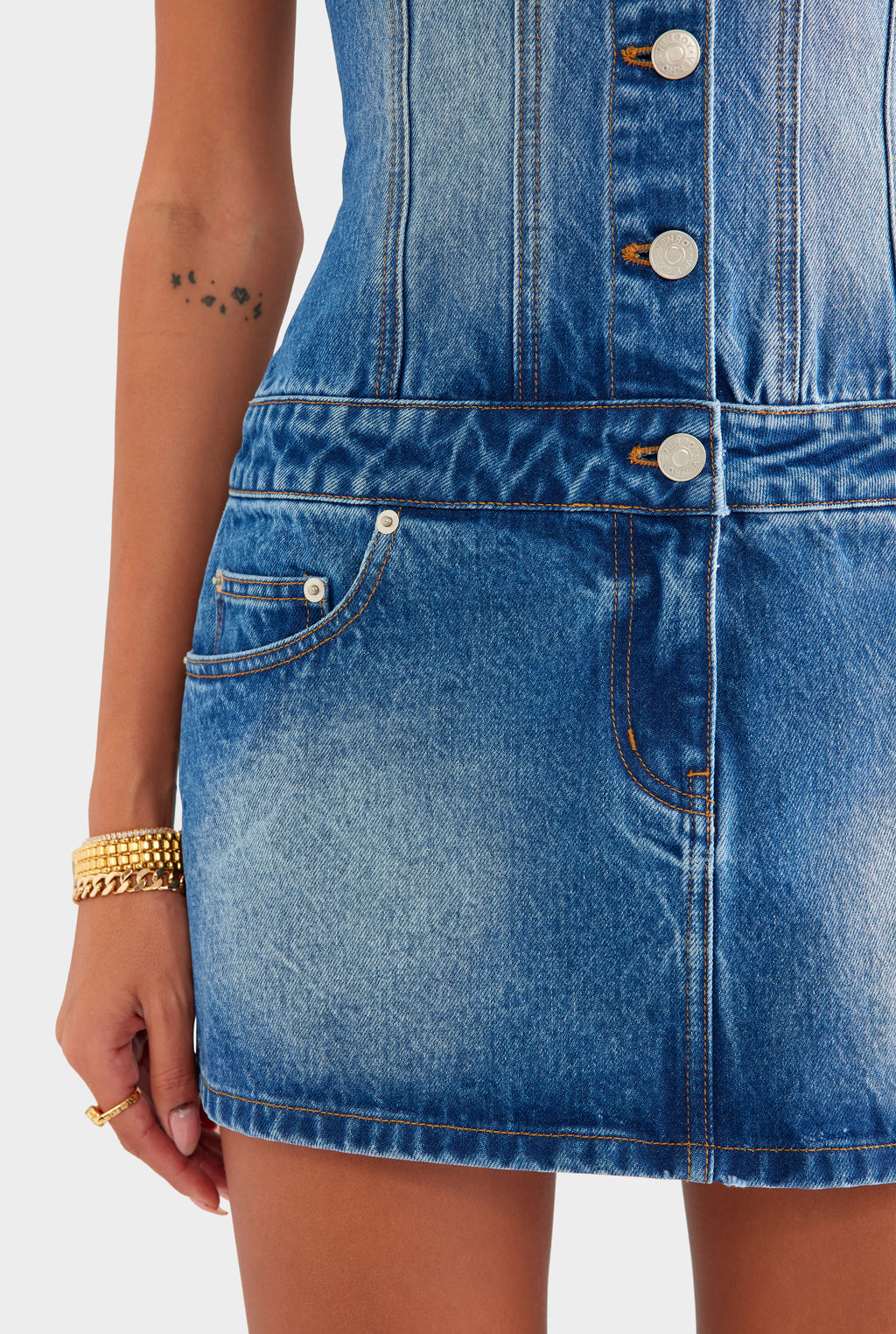 Denim Halter Dress in Mid Indigo | Venroy VENROY Denim Halter Dress in Mid Indigo | Venroy VENROY