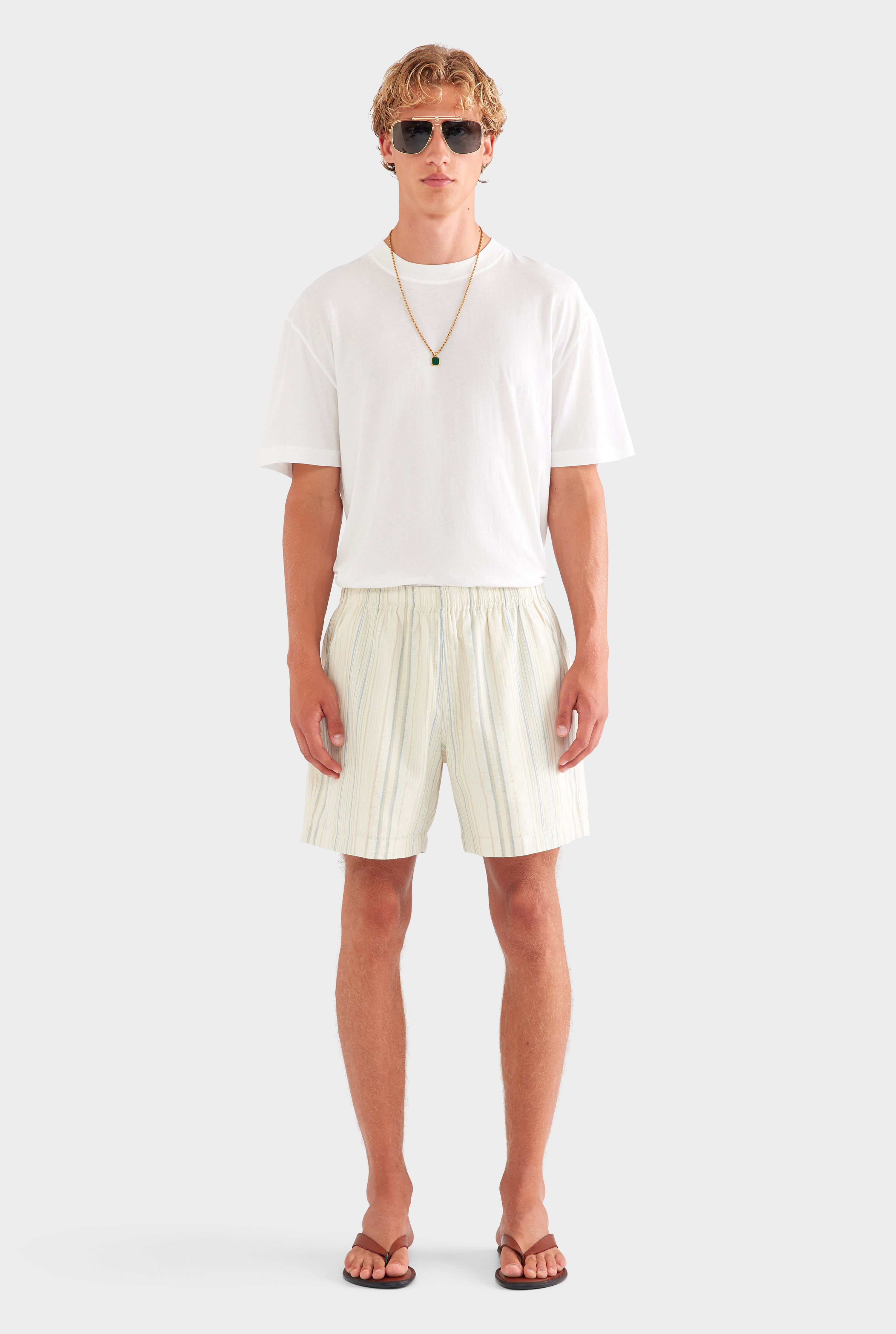 Woven Stripe Lounge Short in Off White/Blue/Taupe Stripe | Venroy