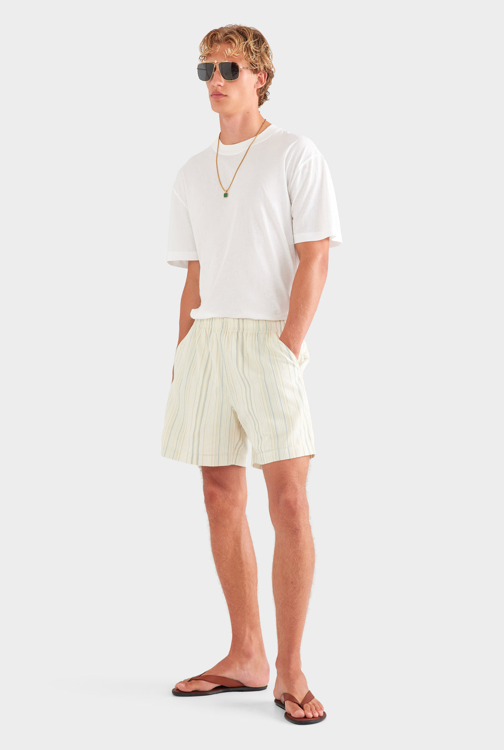 Woven Stripe Lounge Short - Off White/Blue/Taupe Stripe