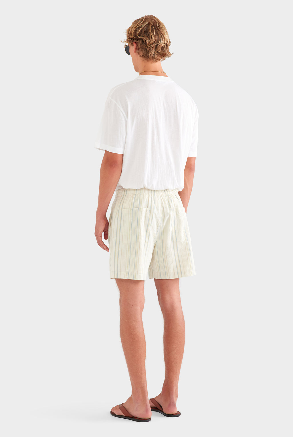 Woven Stripe Lounge Short - Off White/Blue/Taupe Stripe
