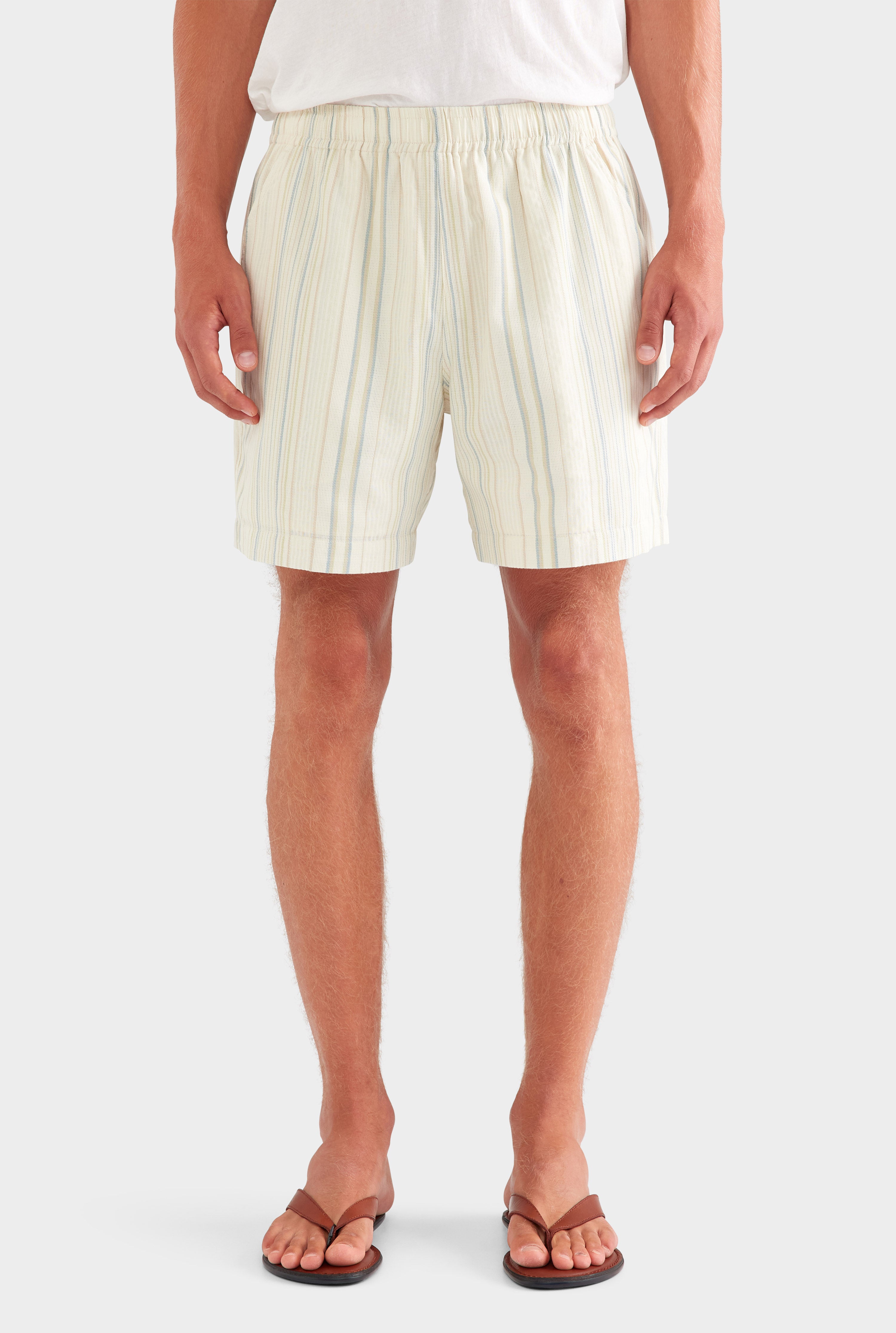 Woven Stripe Lounge Short - Off White/Blue/Taupe Stripe