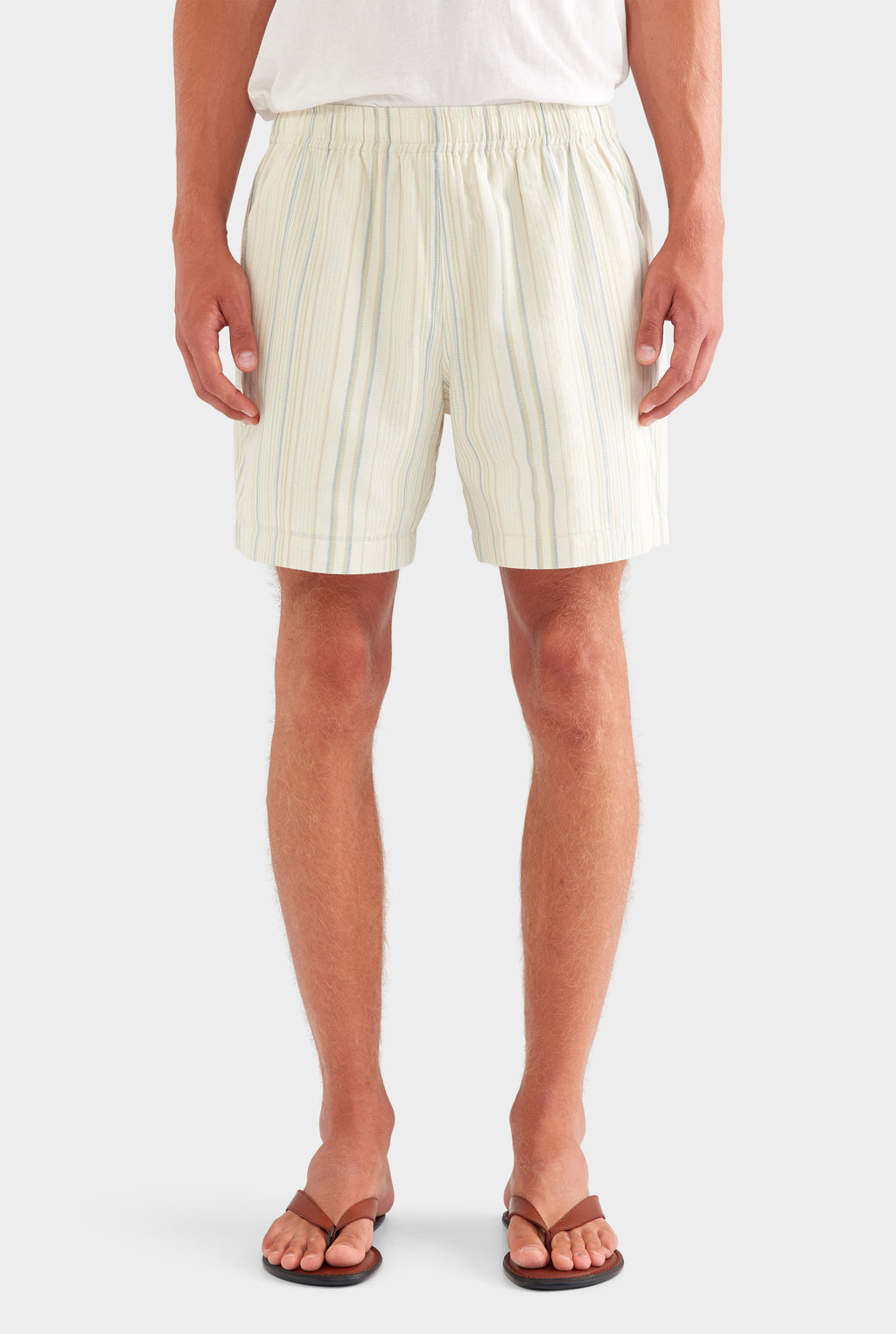 Woven Stripe Lounge Short - Off White/Blue/Taupe Stripe