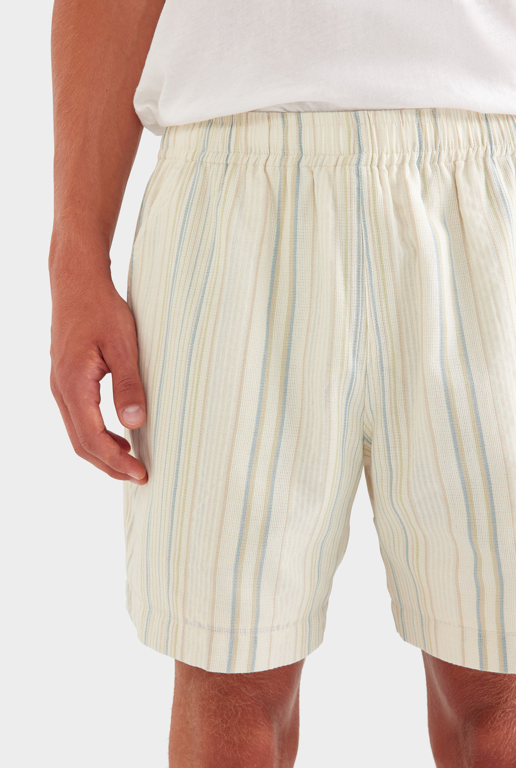 Woven Stripe Lounge Short - Off White/Blue/Taupe Stripe