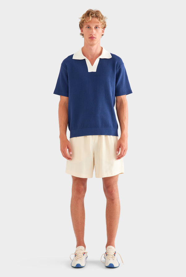 Open Neck Cotton Polo - Navy/Cream