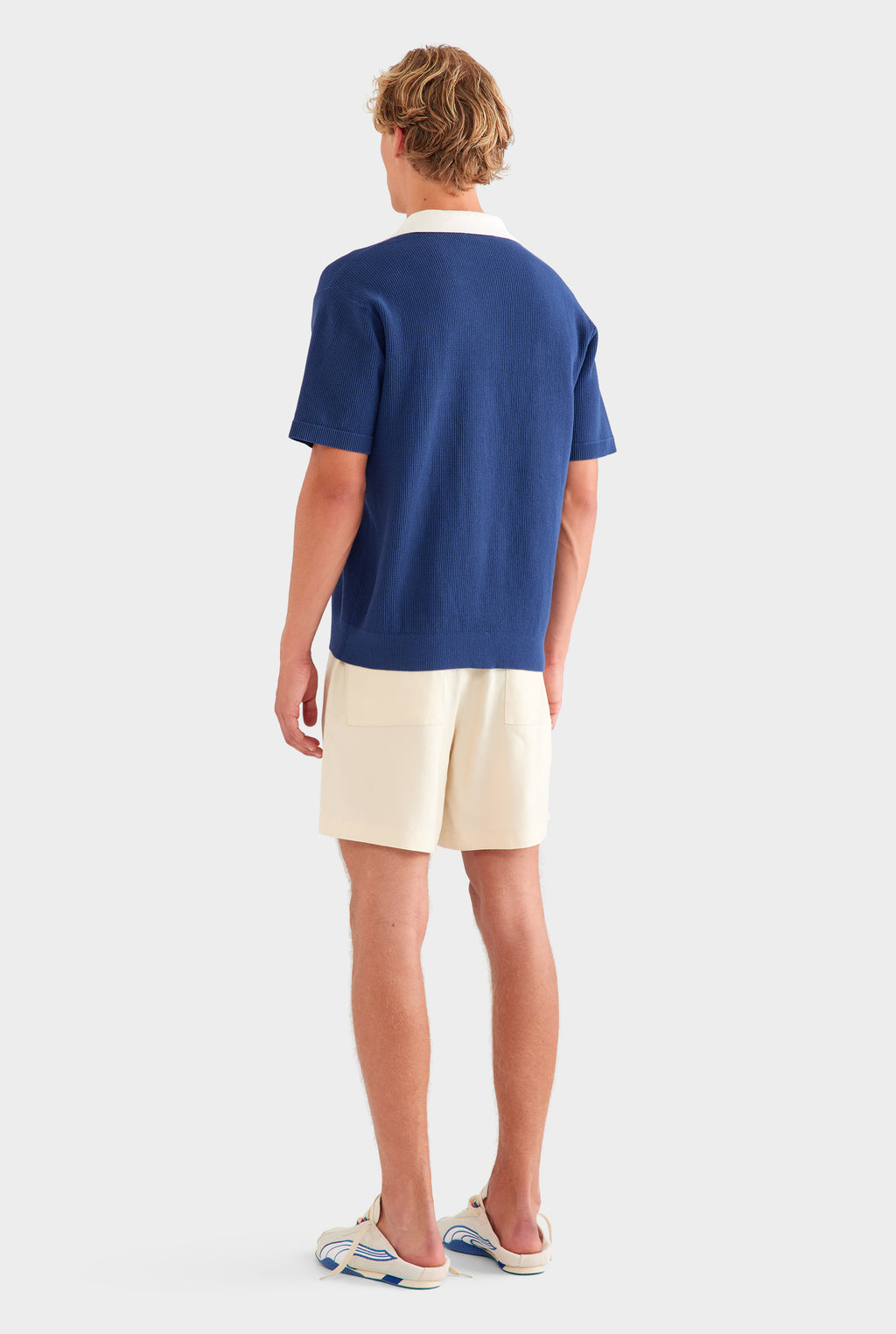 Open Neck Cotton Polo - Navy/Cream