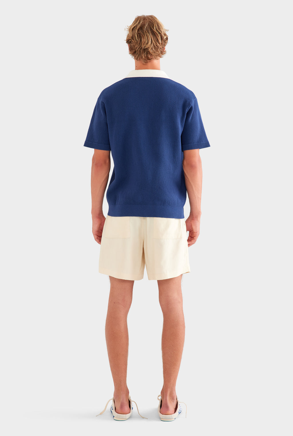 Open Neck Cotton Polo - Navy/Cream