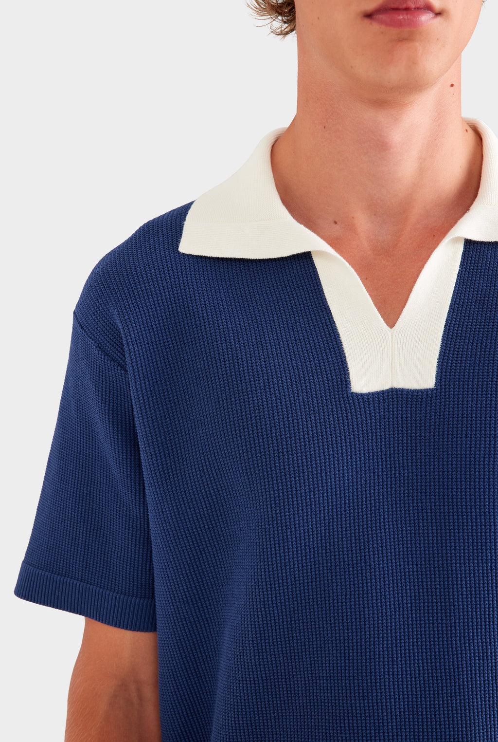 Open Neck Cotton Polo - Navy/Cream
