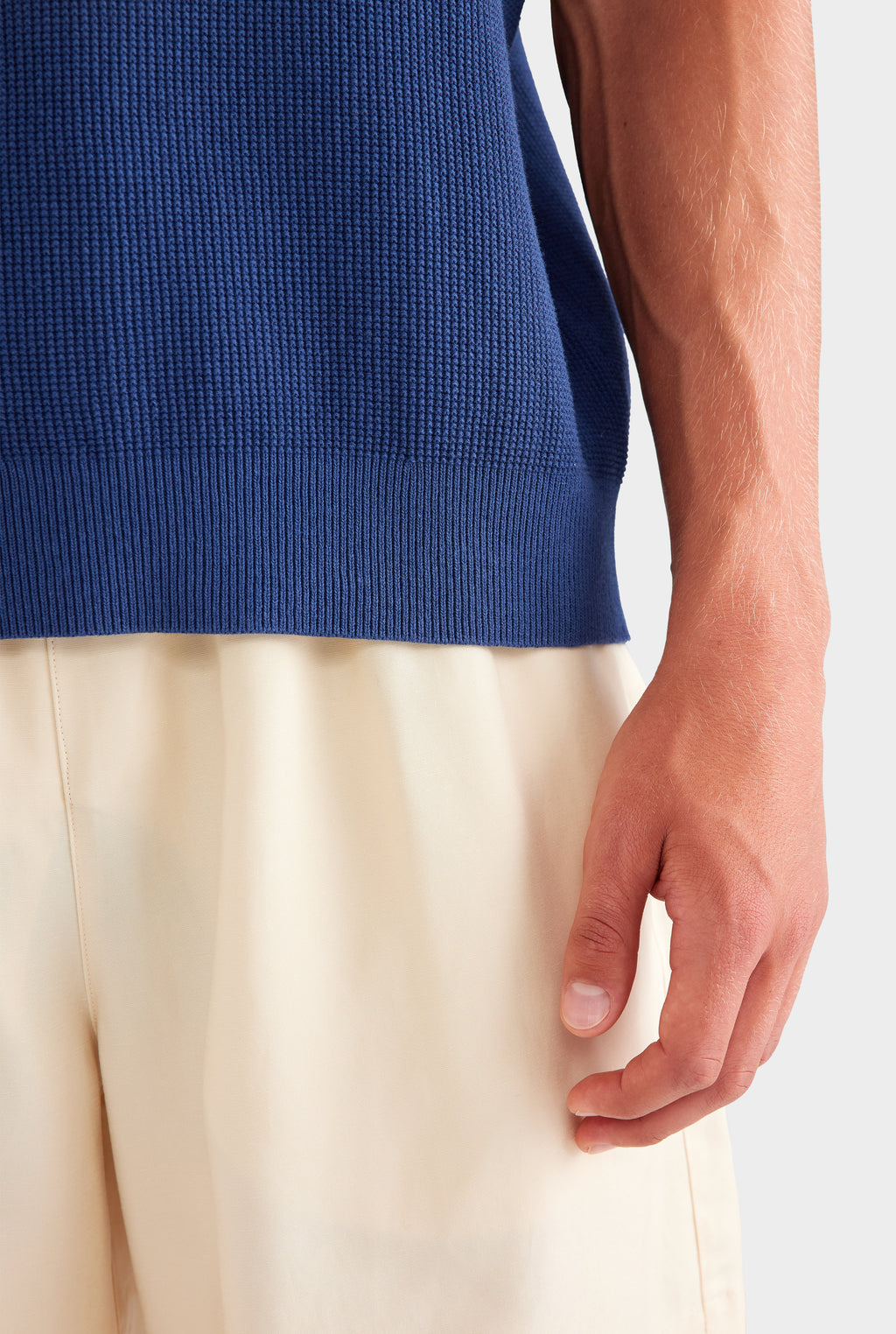 Open Neck Cotton Polo - Navy/Cream