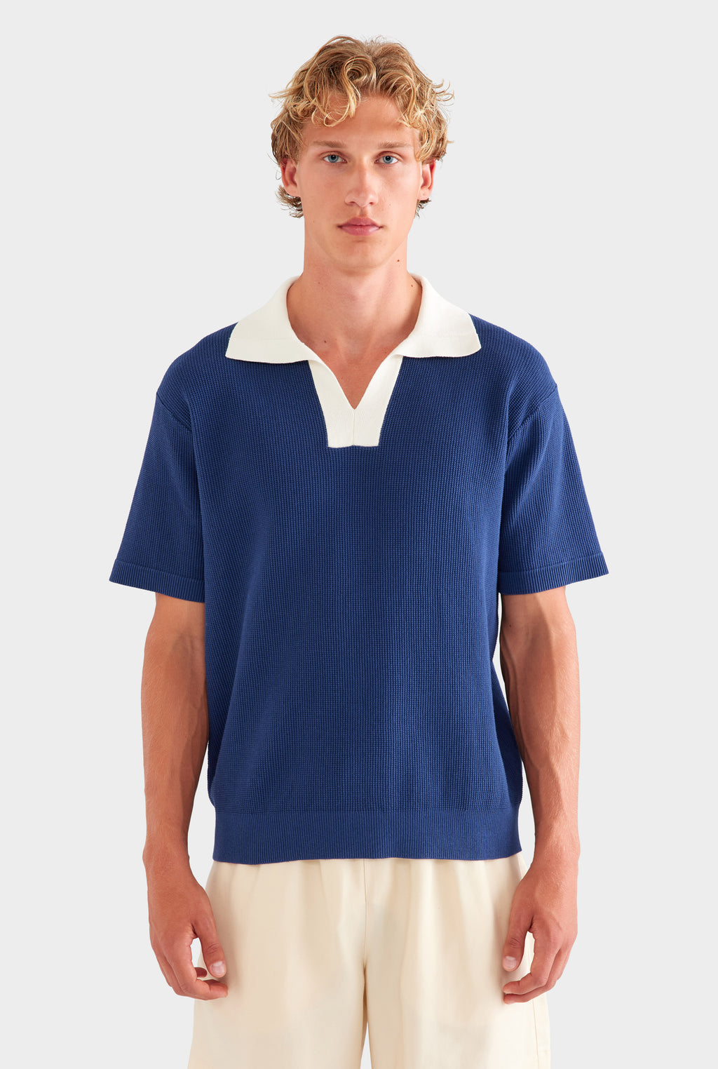 Open Neck Cotton Polo - Navy/Cream