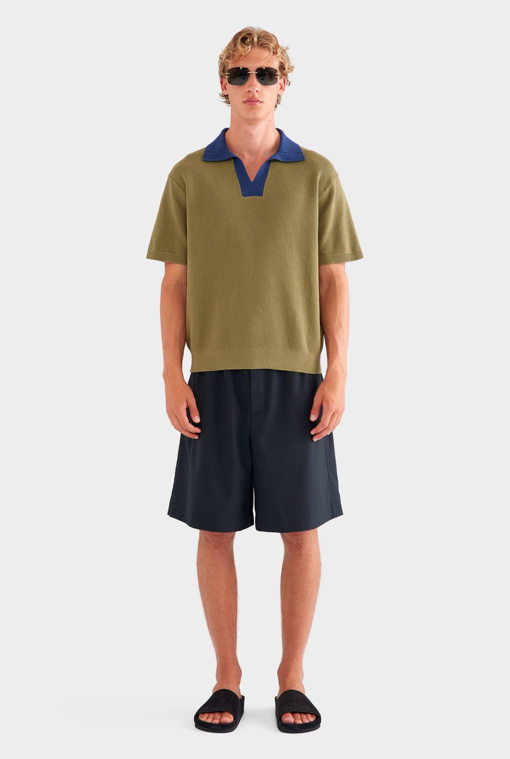 Open Neck Cotton Polo - Olive/Navy