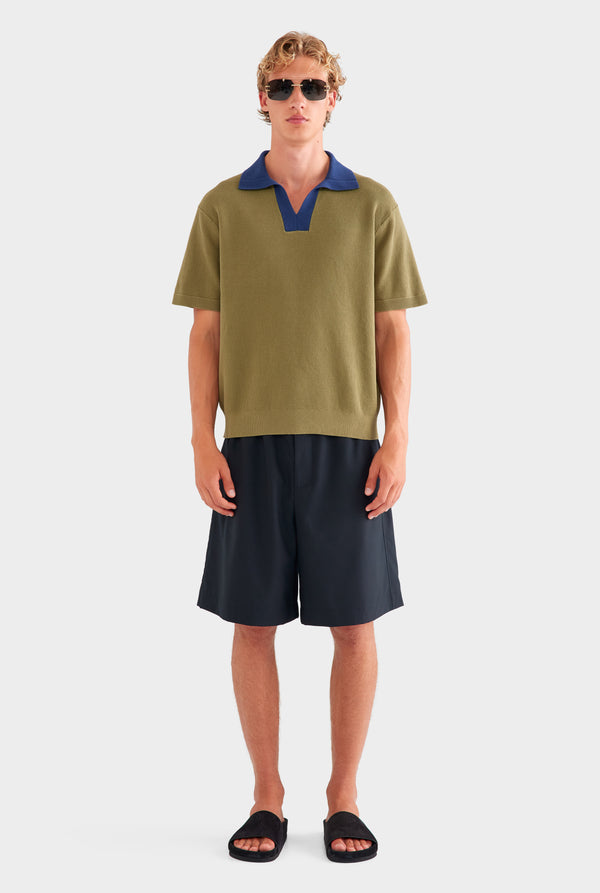 Open Neck Cotton Polo - Olive/Navy