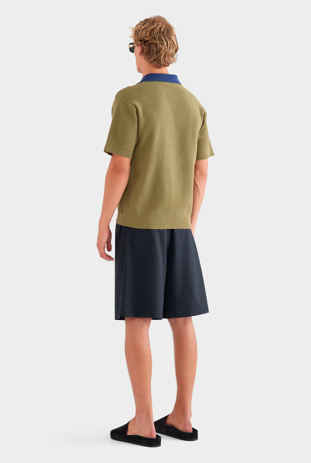 Open Neck Cotton Polo - Olive/Navy