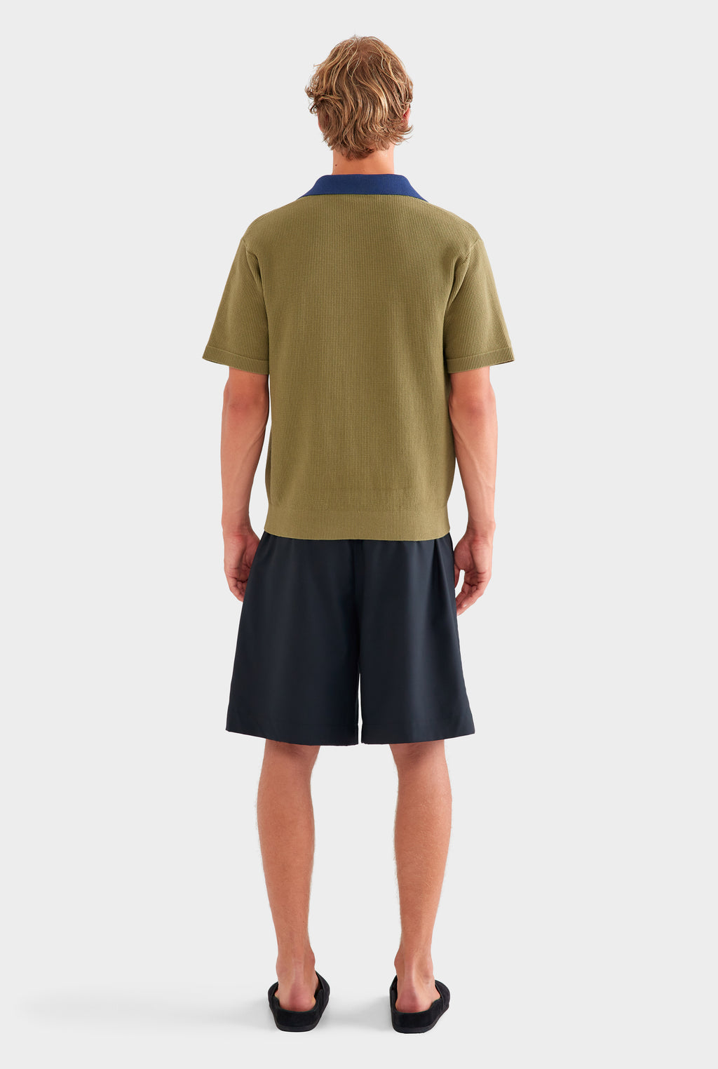 Open Neck Cotton Polo - Olive/Navy