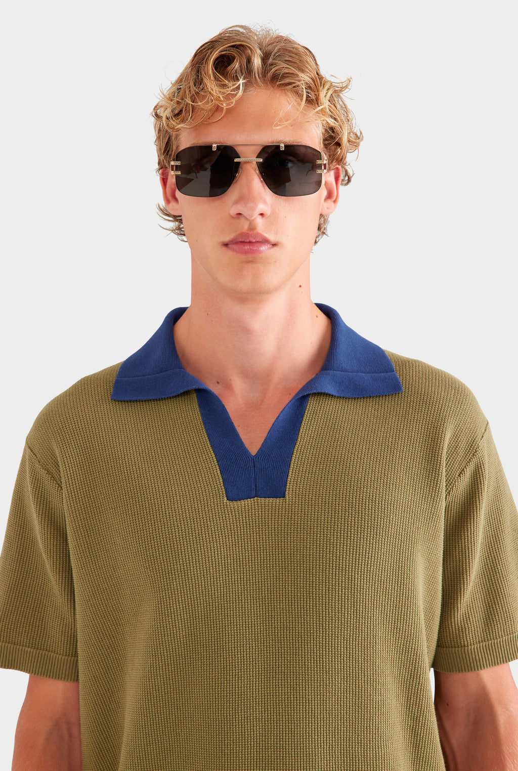 Open Neck Cotton Polo - Olive/Navy