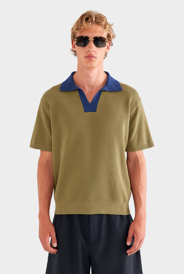 Open Neck Cotton Polo - Olive/Navy