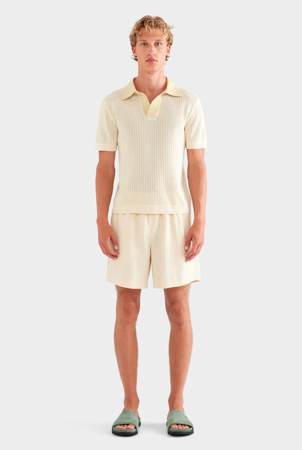 Open Stitch Knit Polo - Cream/Green Haze