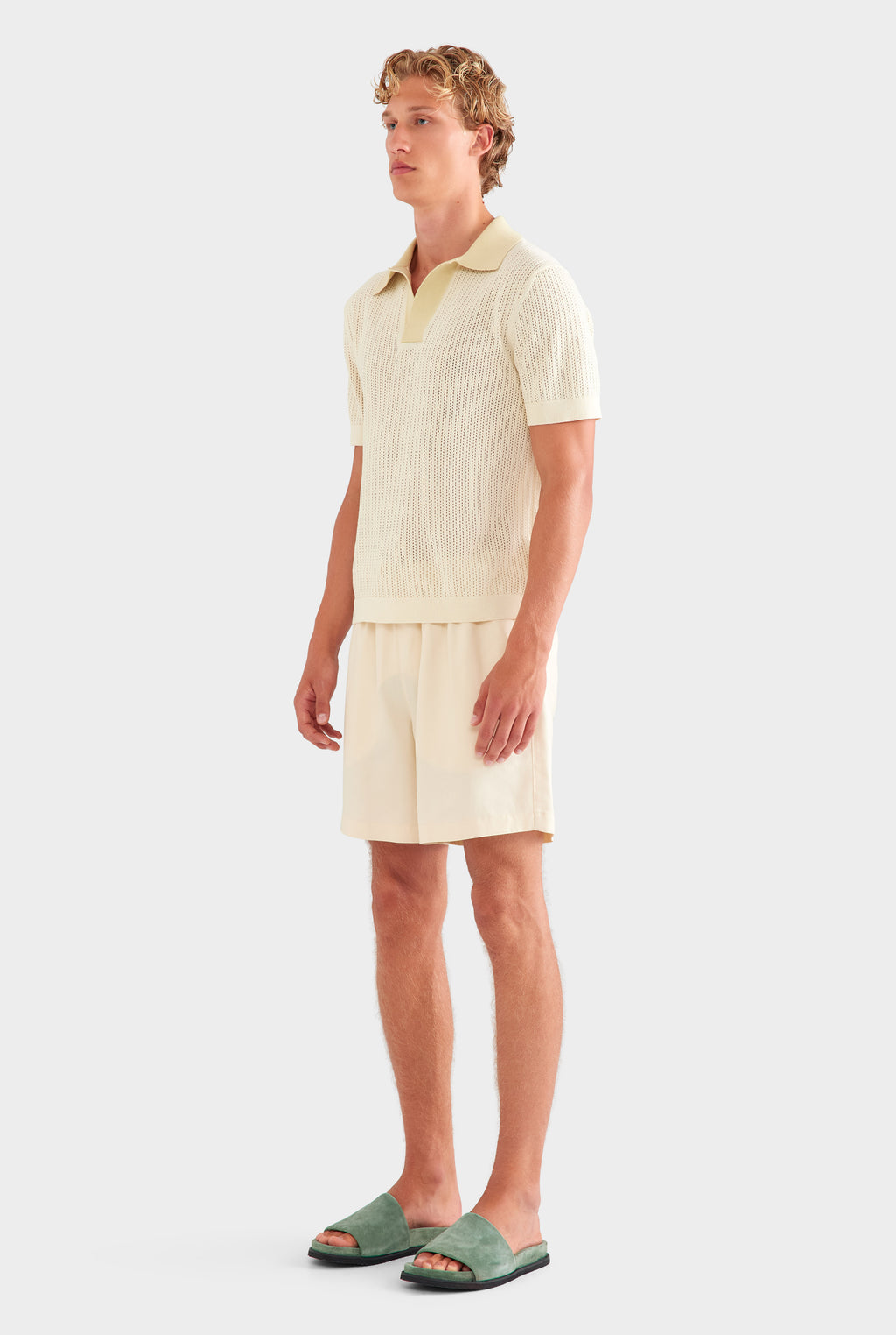Open Stitch Knit Polo - Cream/Green Haze