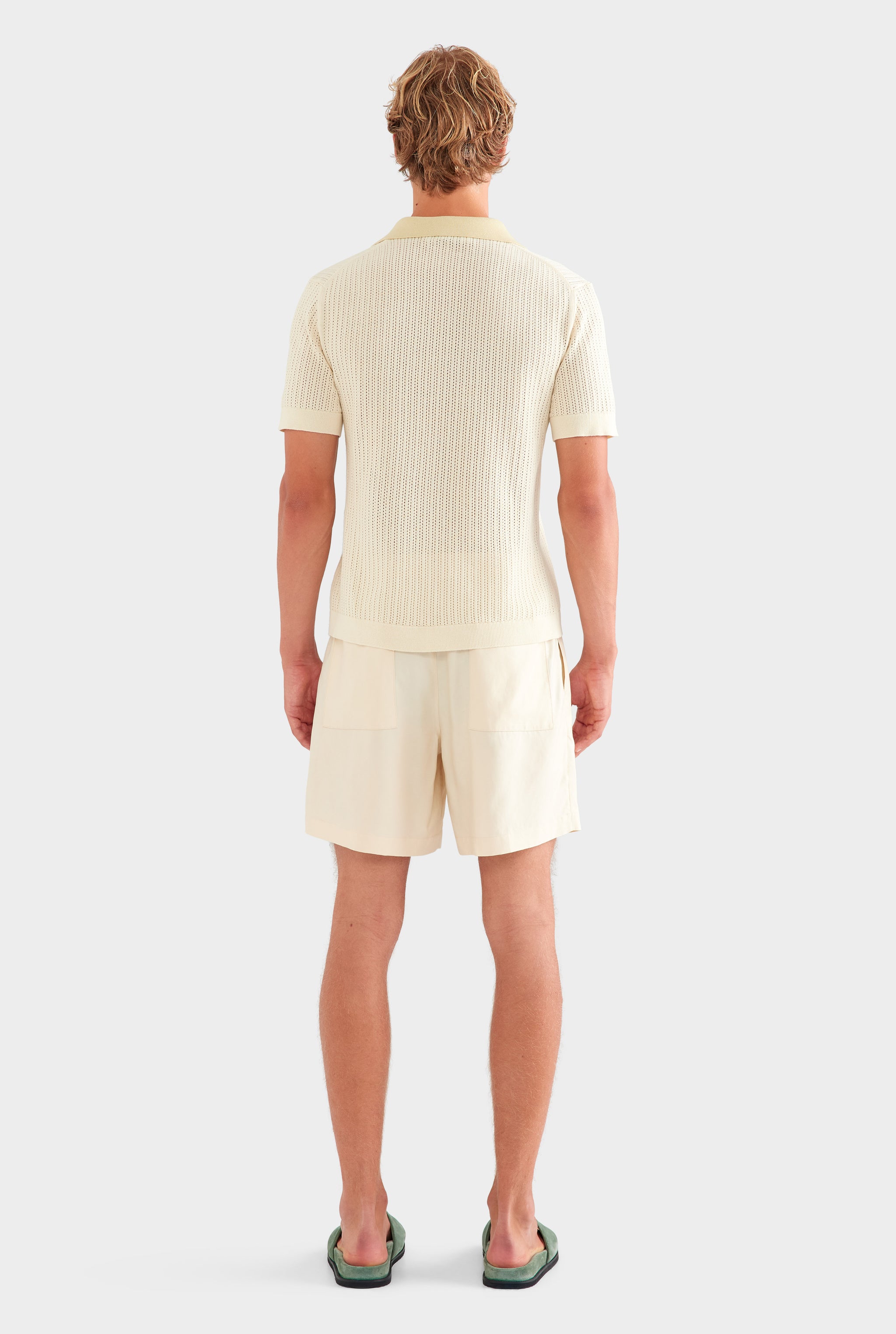 Open Stitch Knit Polo - Cream/Green Haze