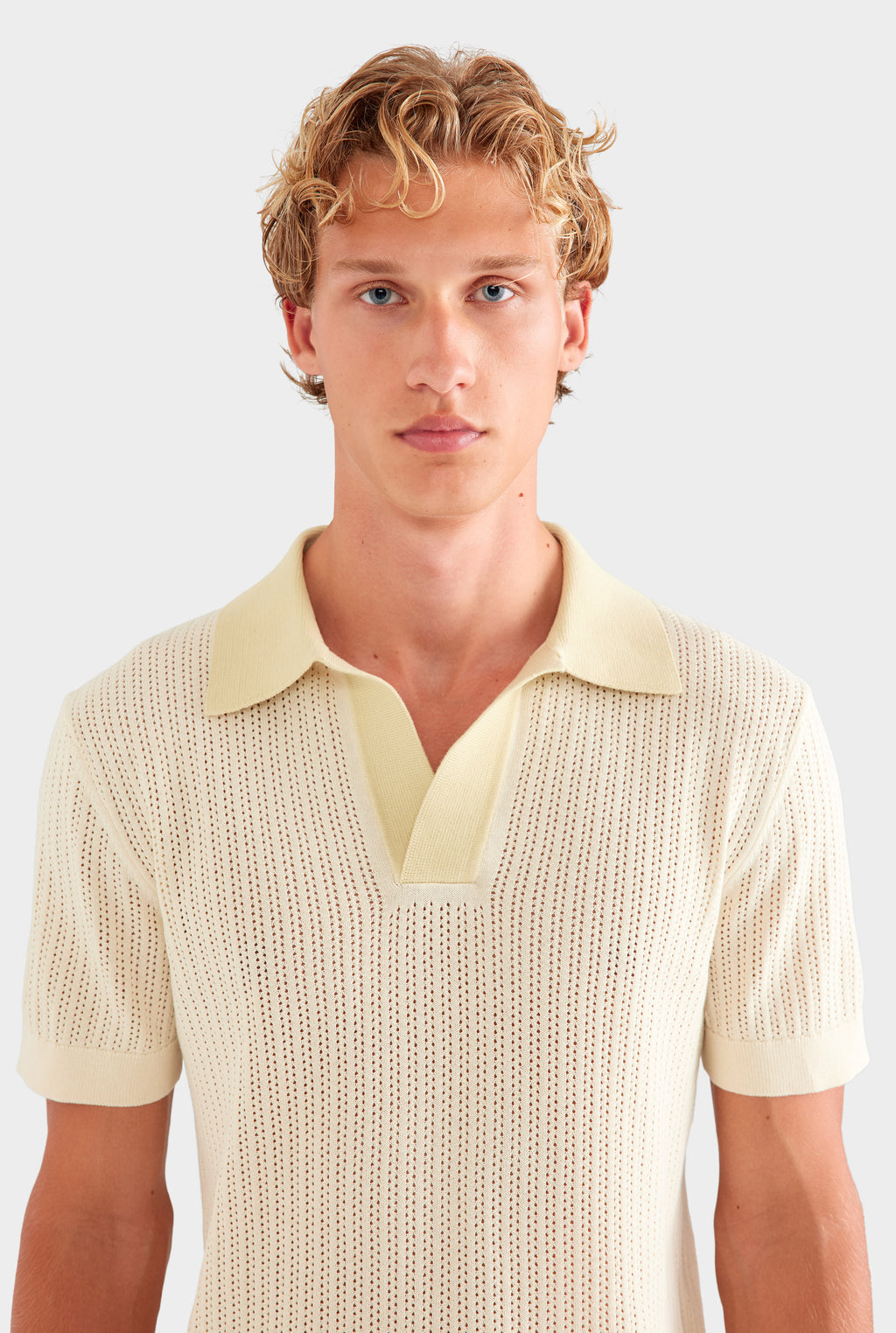 Open Stitch Knit Polo - Cream/Green Haze