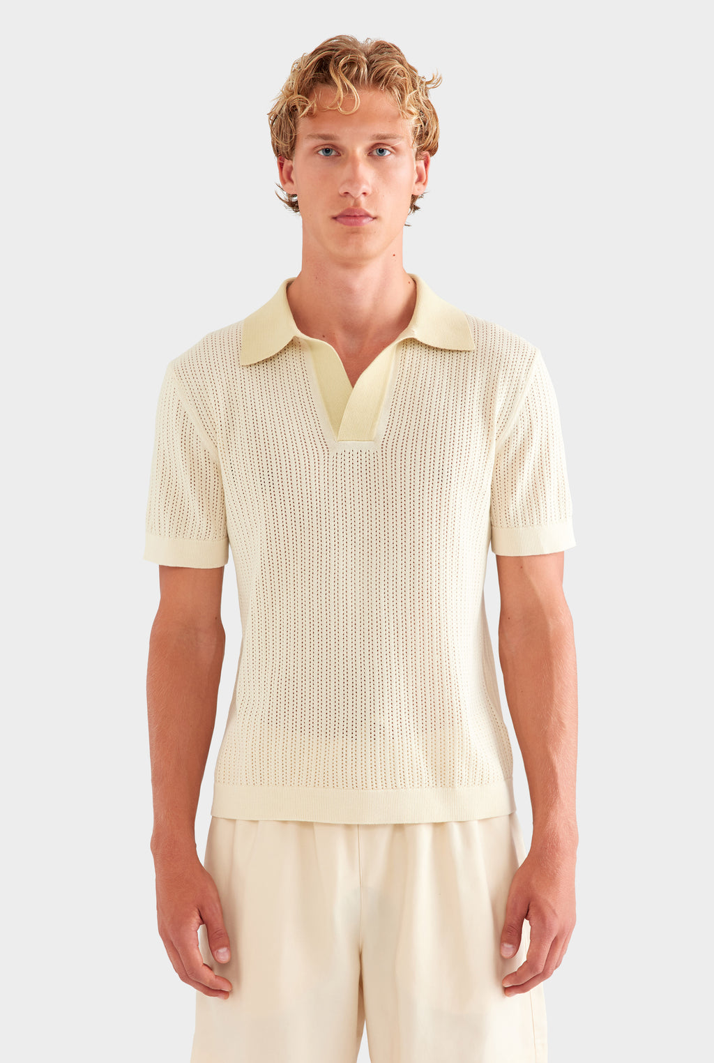 Open Stitch Knit Polo - Cream/Green Haze