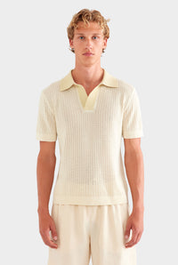 Open Stitch Knit Polo - Cream/Green Haze