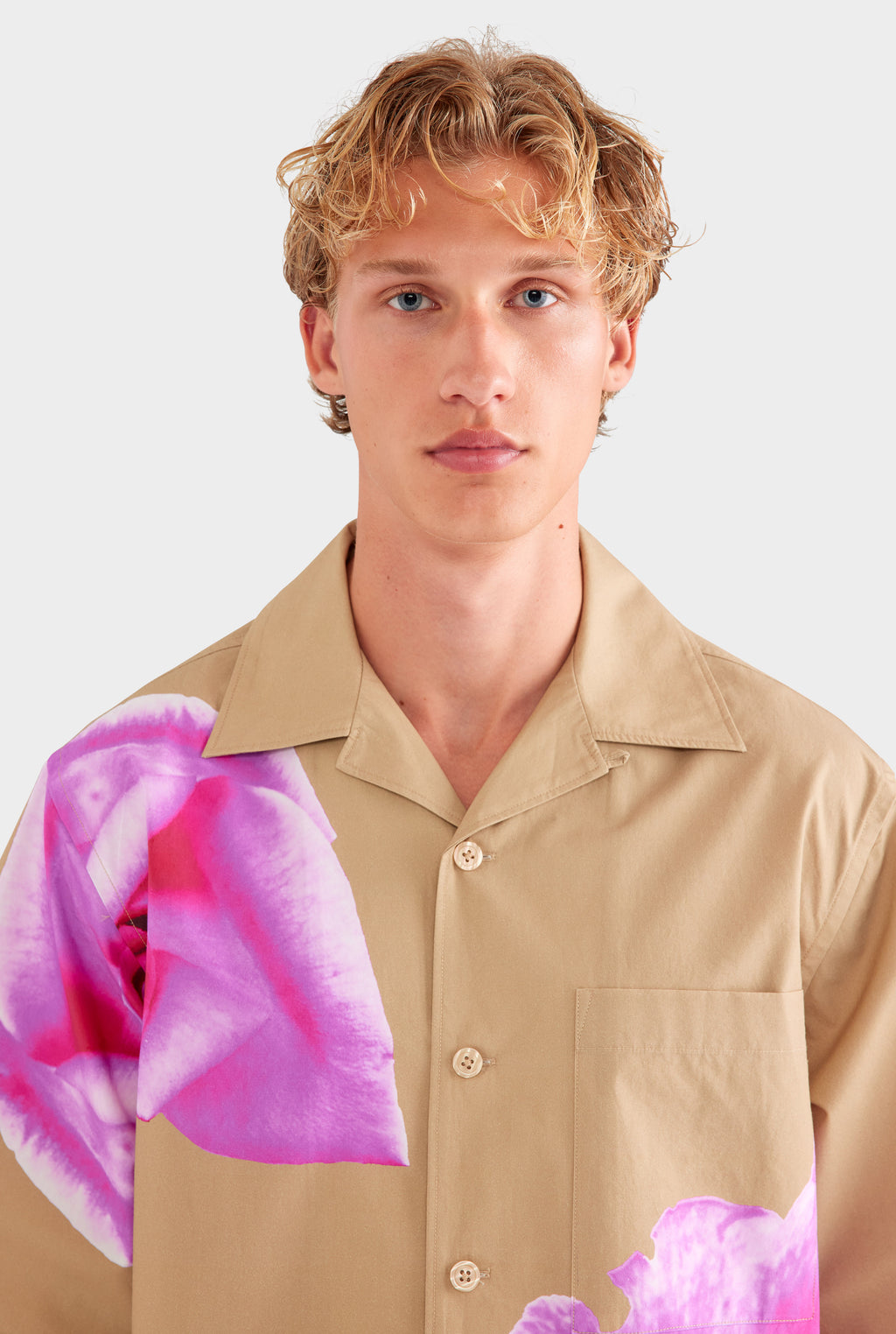 Oversized Cotton Short Sleeve Shirt - Desert Sand/Fuchsia Flower
