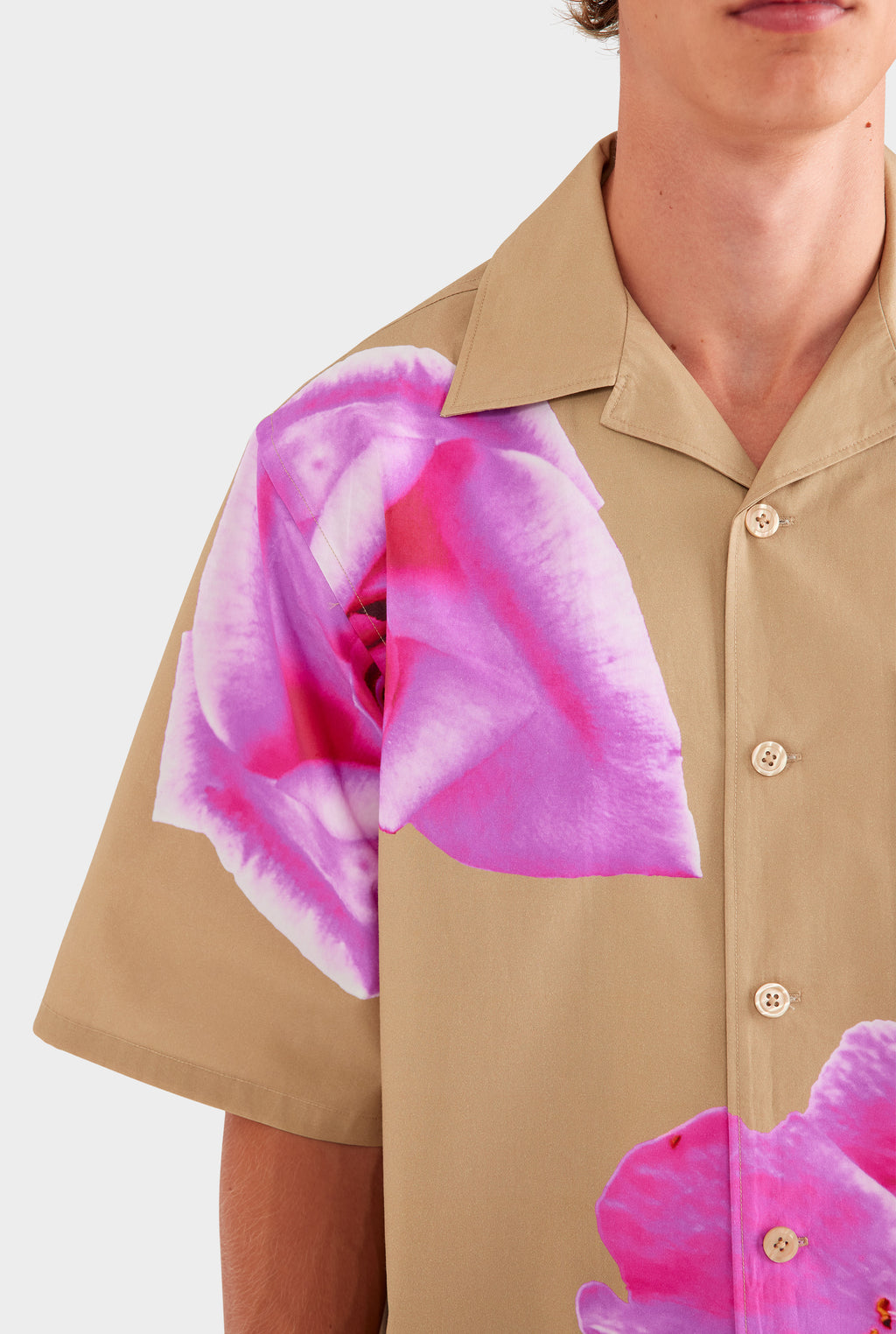 Oversized Cotton Short Sleeve Shirt - Desert Sand/Fuchsia Flower