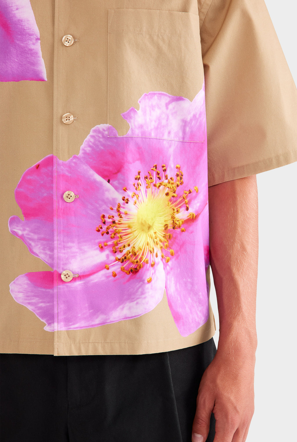Oversized Cotton Short Sleeve Shirt - Desert Sand/Fuchsia Flower