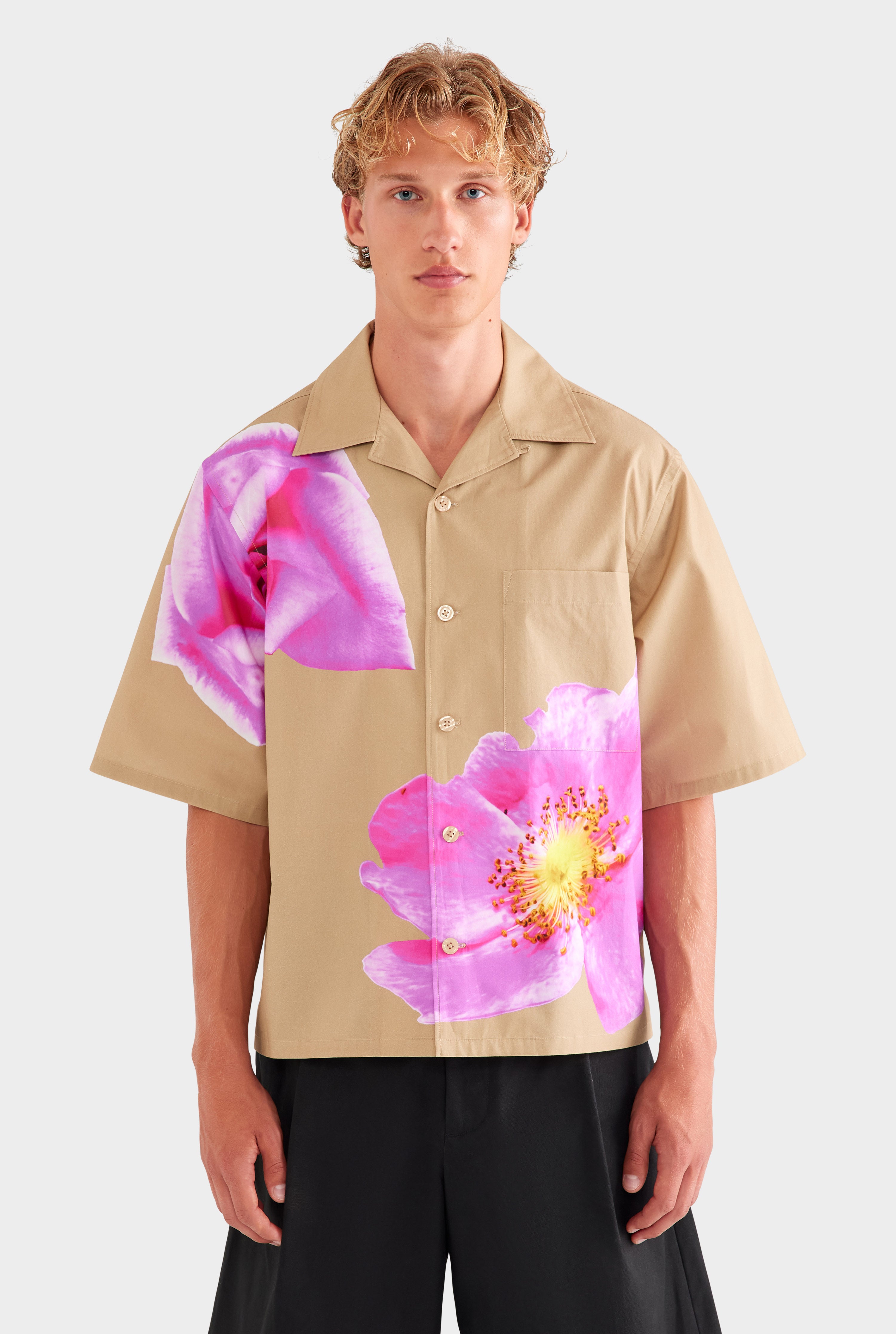 Oversized Cotton Short Sleeve Shirt - Desert Sand/Fuchsia Flower