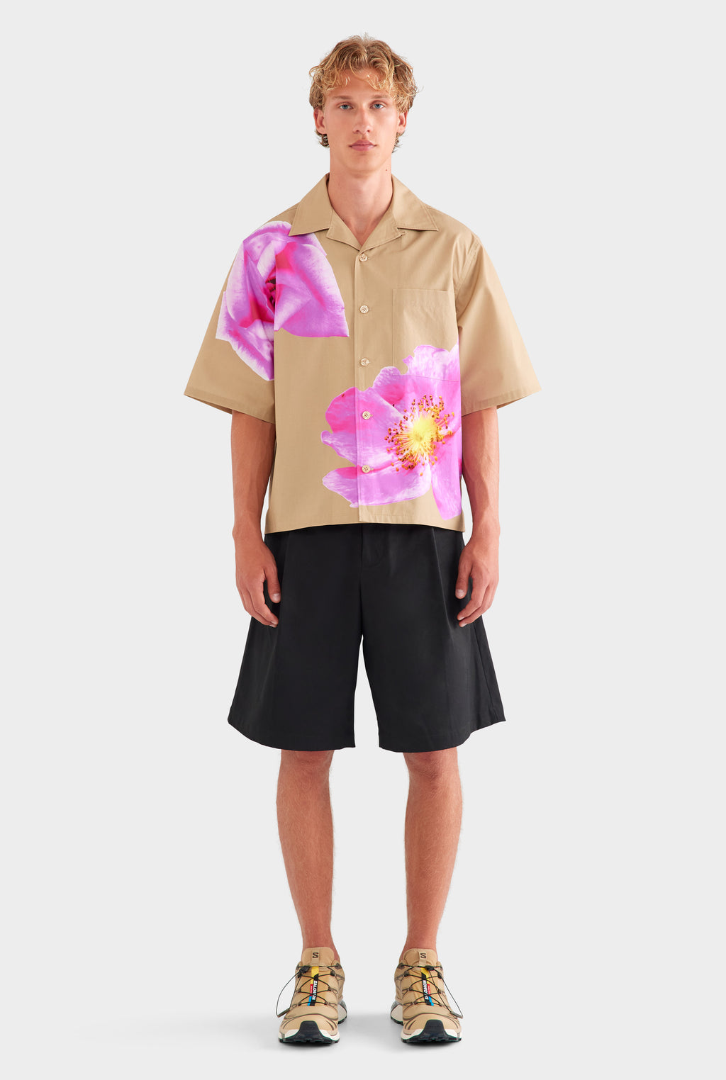 Oversized Cotton Short Sleeve Shirt - Desert Sand/Fuchsia Flower