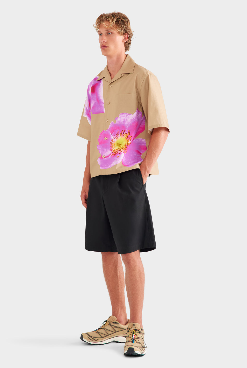 Oversized Cotton Short Sleeve Shirt - Desert Sand/Fuchsia Flower