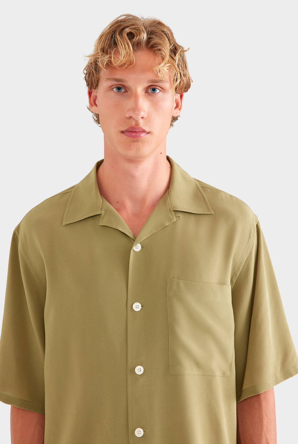 Oversized Silk Short Sleeve Shirt - Olive
