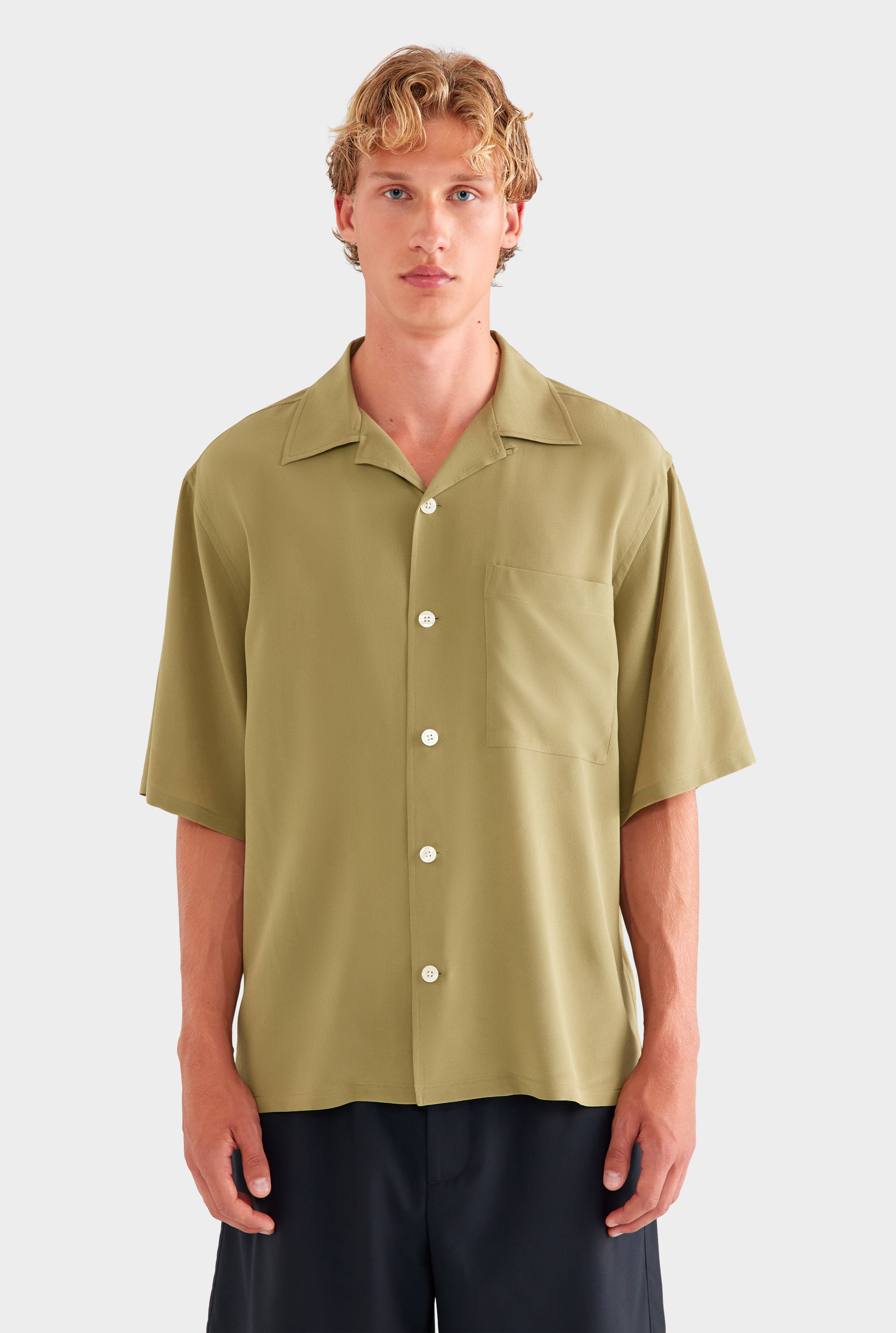 Oversized Silk Short Sleeve Shirt - Olive