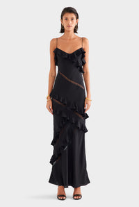 Silk Lace Ruffle Slip Dress - Black