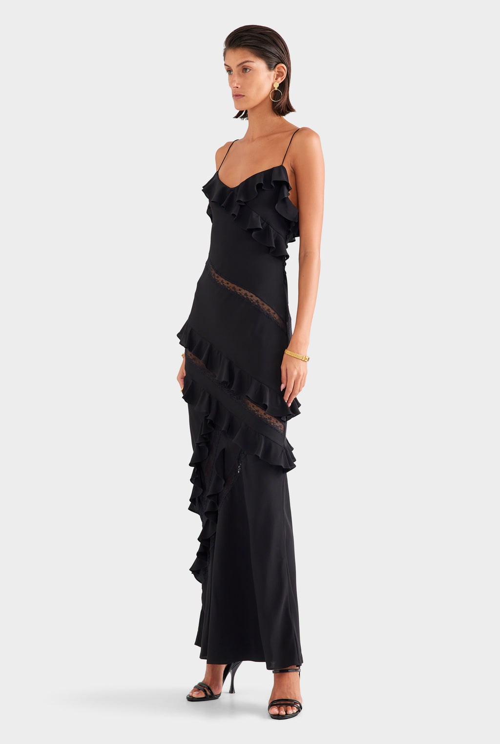 Silk Lace Ruffle Slip Dress - Black