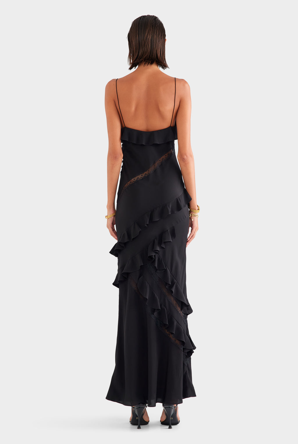 Silk Lace Ruffle Slip Dress - Black