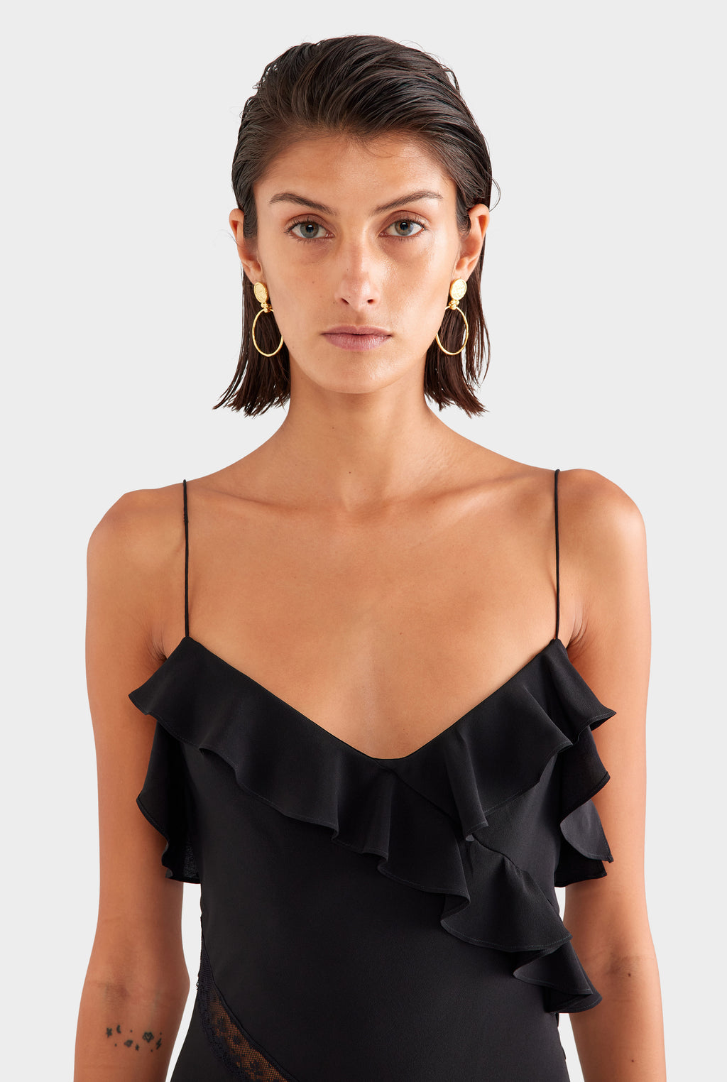 Silk Lace Ruffle Slip Dress - Black