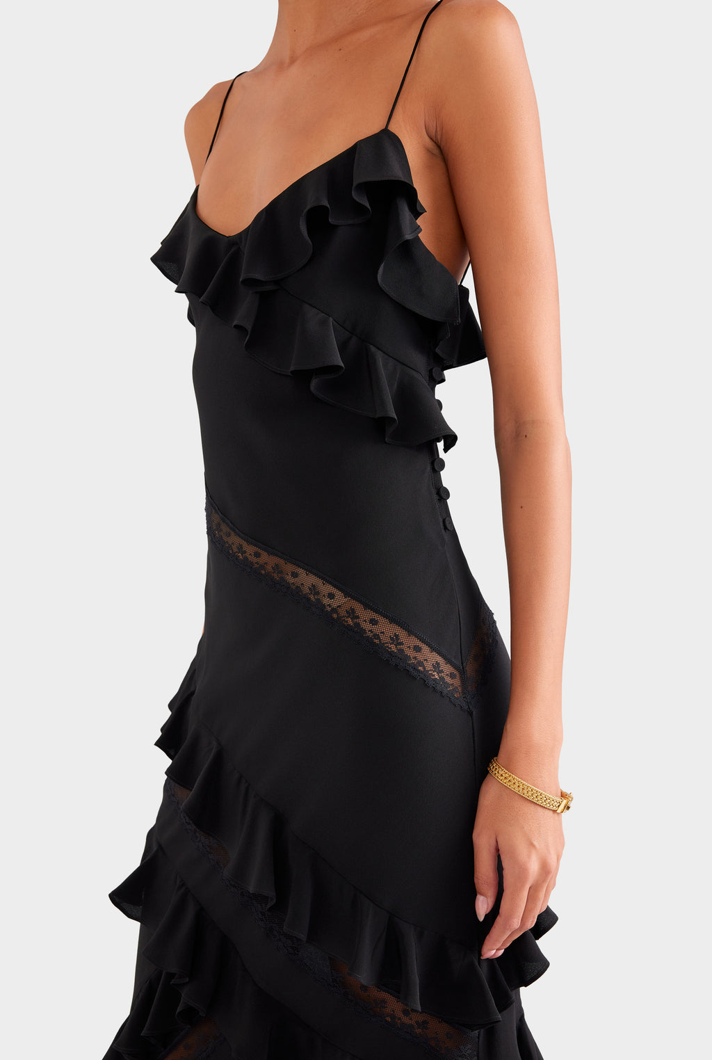 Silk Lace Ruffle Slip Dress - Black
