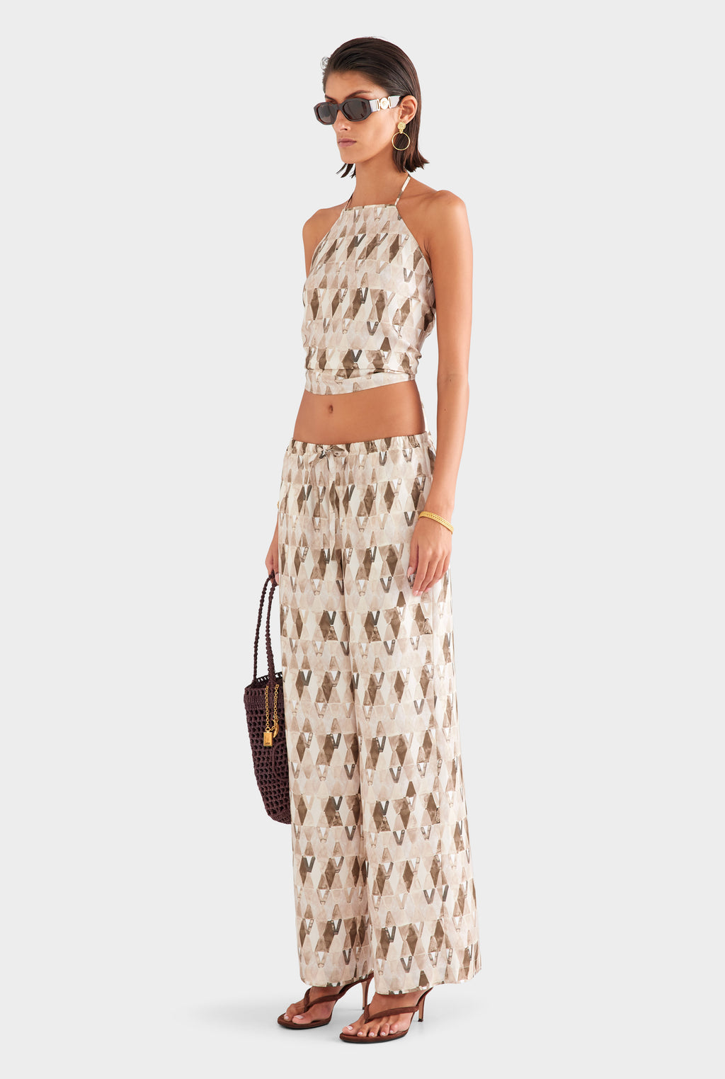 Silk Scarf Halter Top - Beige/Chocolate Painted V Monogram