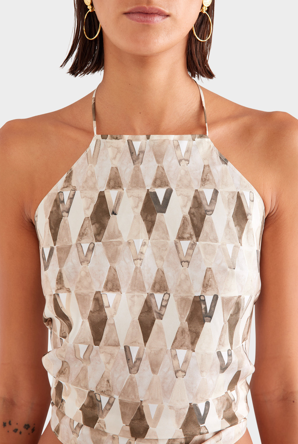 Silk Scarf Halter Top - Beige/Chocolate Painted V Monogram