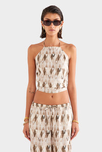 Silk Scarf Halter Top - Beige/Chocolate Painted V Monogram