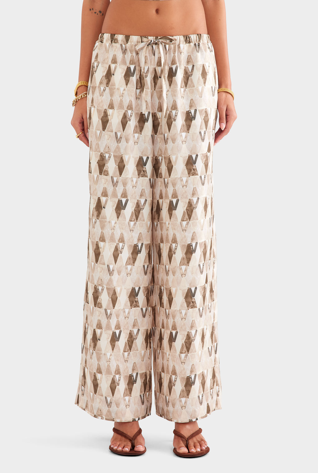 Relaxed Silk Drawstring Pant - Beige/Chocolate Painted V Monogram