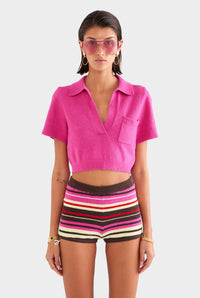 Terry Knit Cropped Polo  - Fuchsia