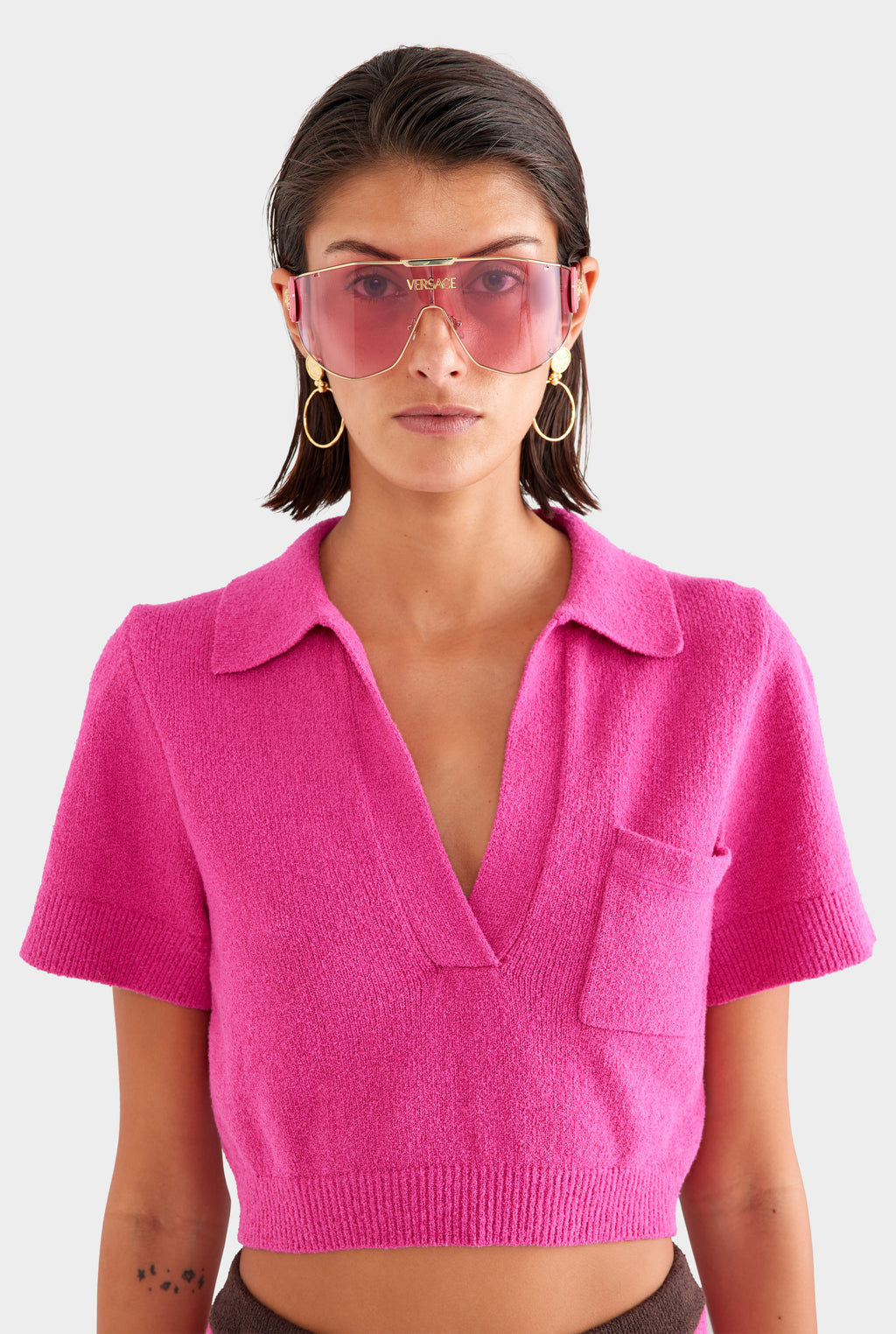 Terry Knit Cropped Polo  - Fuchsia