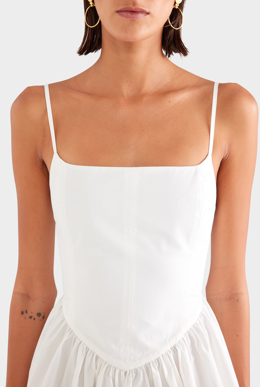 V Waist Cotton Mini Dress - Off White
