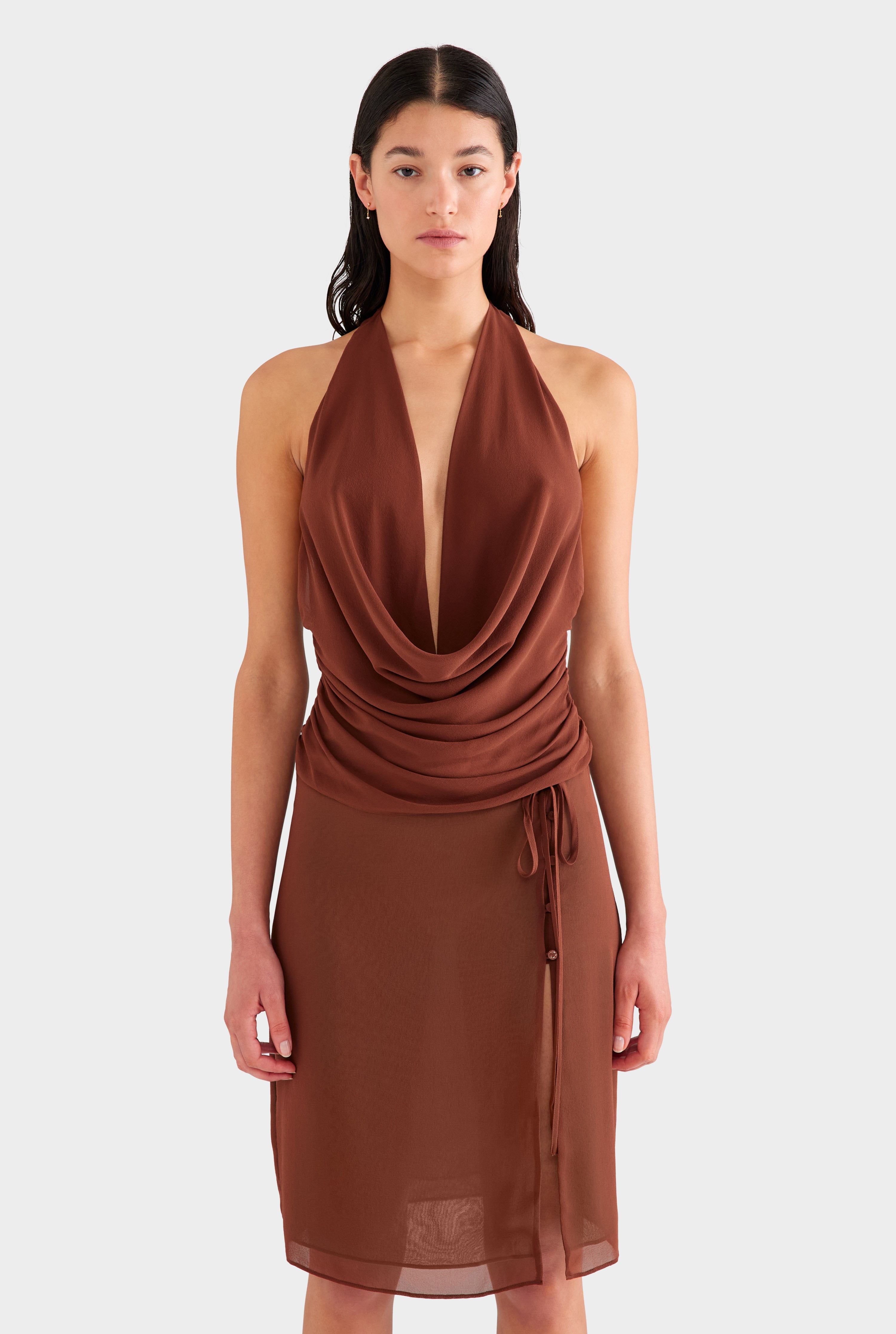 Deep Cowl Sheer Silk Halter - Chocolate