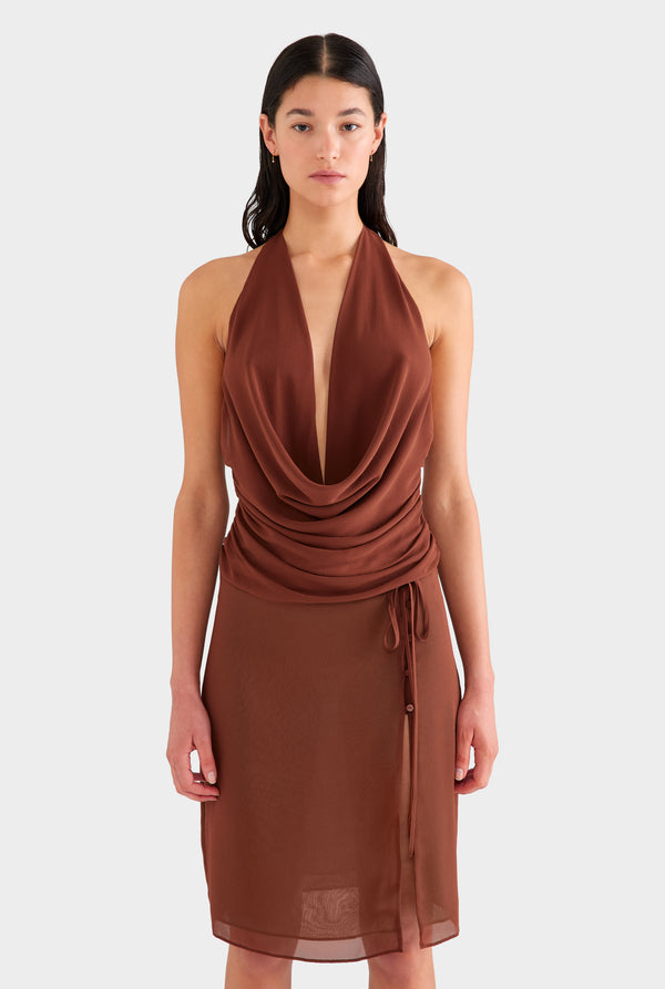 Deep Cowl Sheer Silk Halter - Chocolate