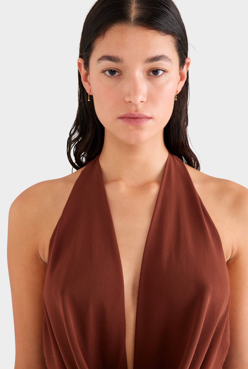 Deep Cowl Sheer Silk Halter - Chocolate